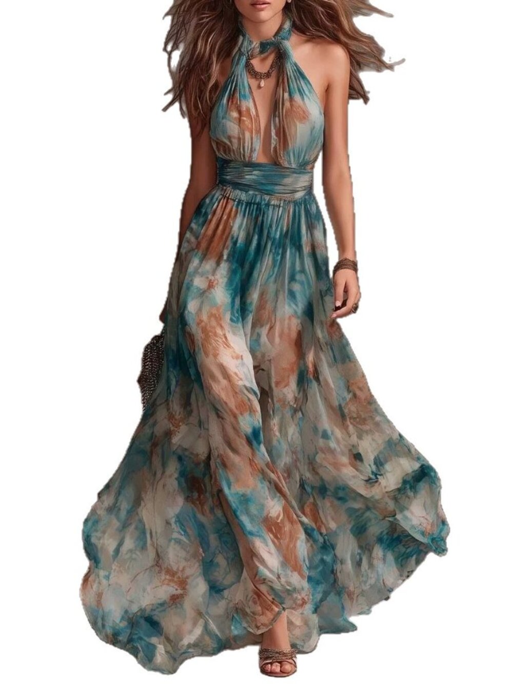 Green Cosmic Floral Halter Neck Maxi Dress โ Backless A-Line Summer Dress - Picture 5 of 6